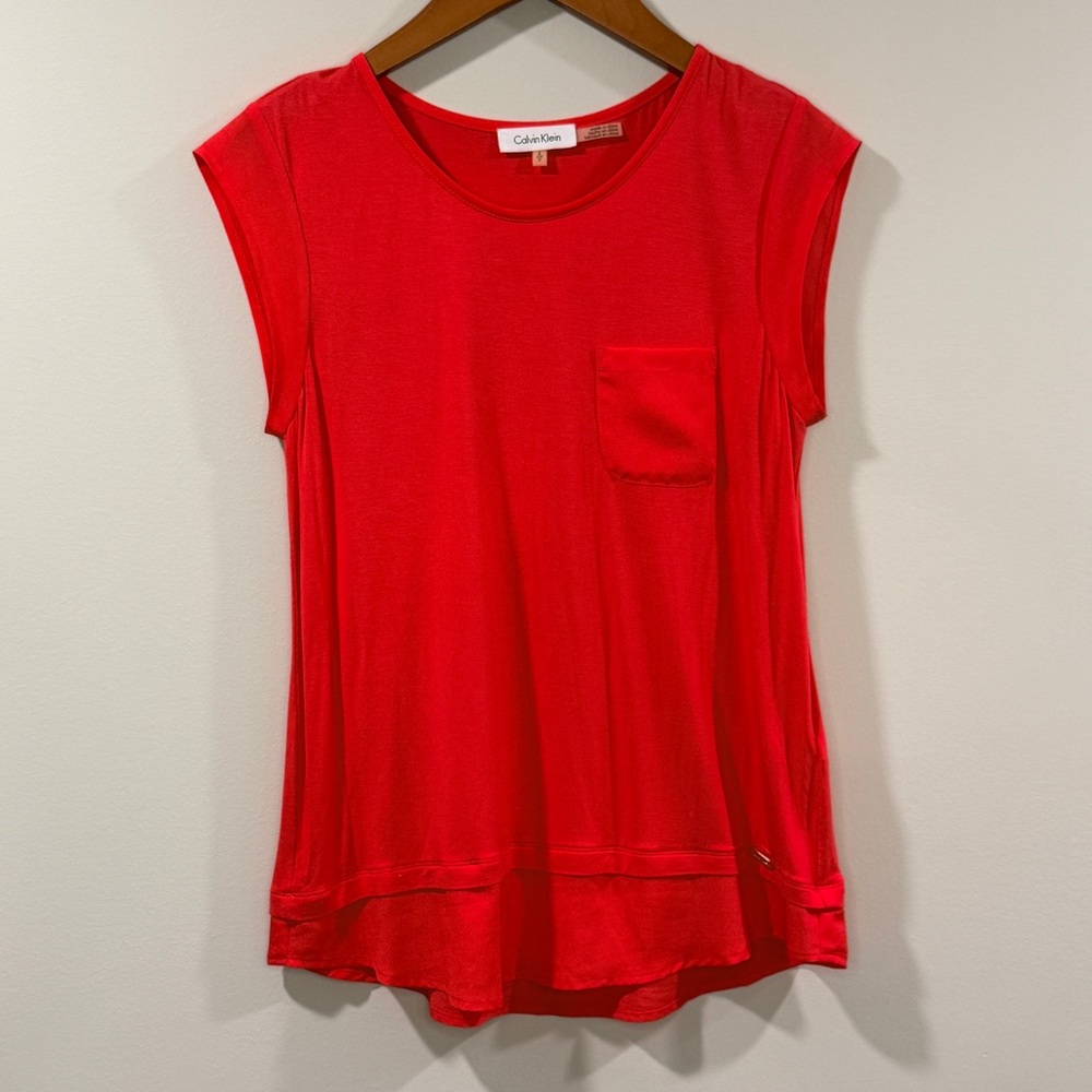 Calvin Klein Women's Coral Short Sleeve Tee with Chiffon Accents Size S